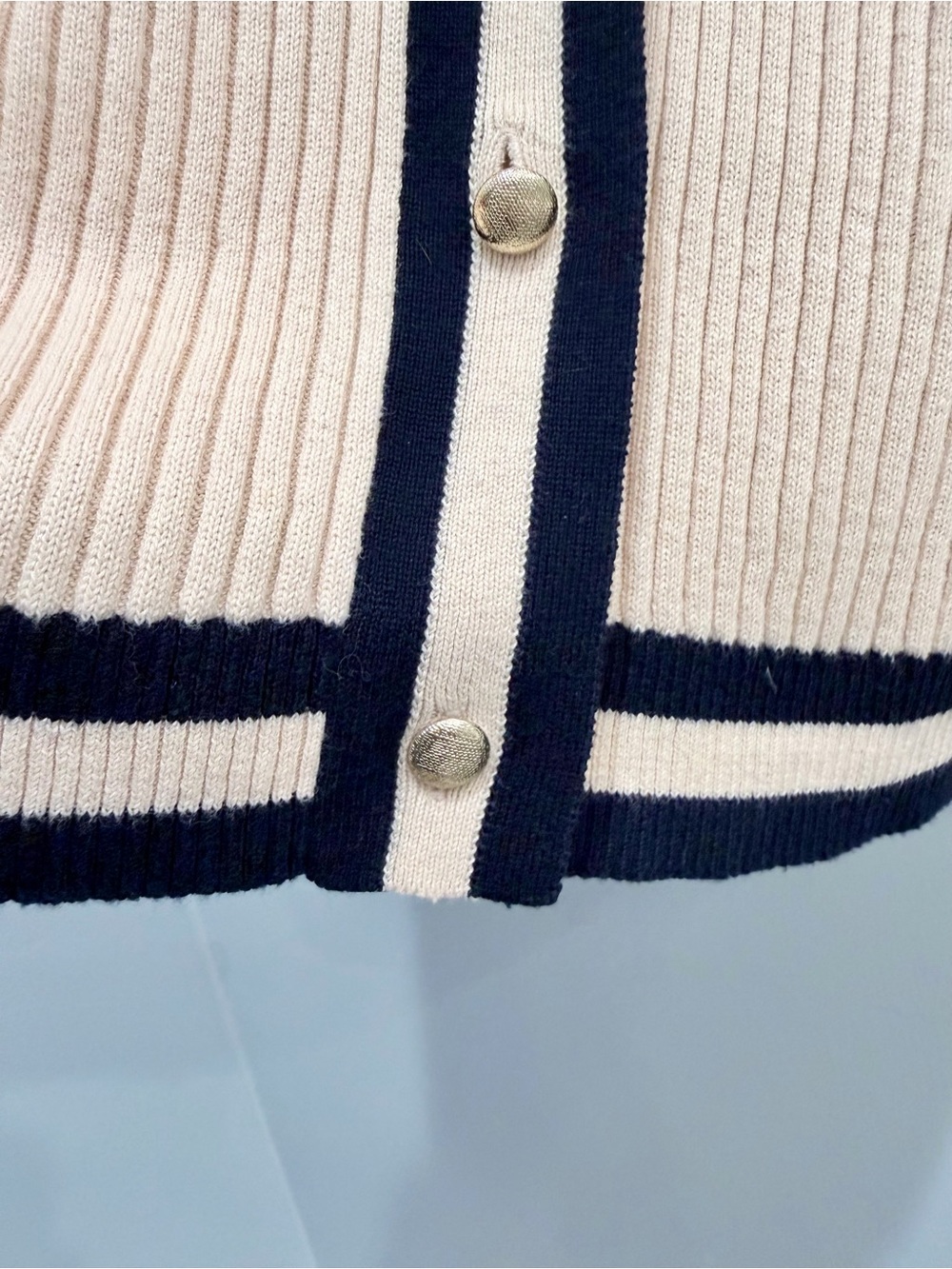 Cabi Varsity Cardigan 5458 Navy Striped Ribbed Cotton Sweater Gold Button XS - Picture 4 of 12